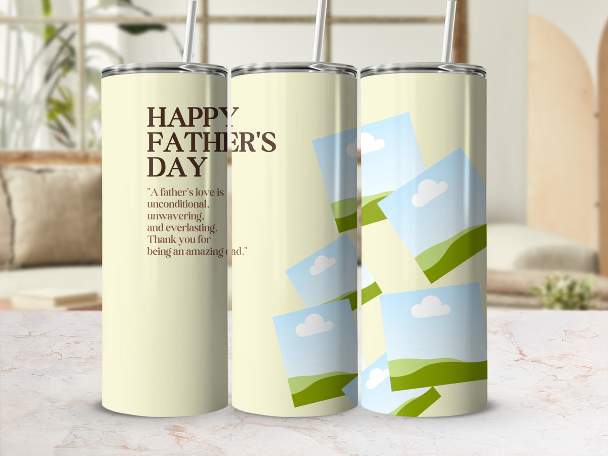 Three tumblers with "Happy Father's Day" quote and landscape photo collage designs.