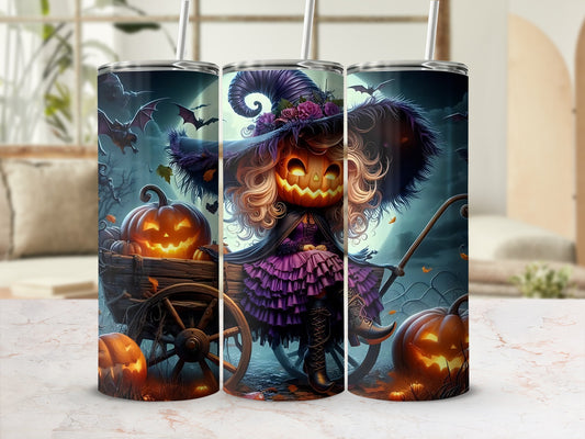 Three tumblers featuring a pumpkin witch with bats, a cart, and jack-o'-lanterns.