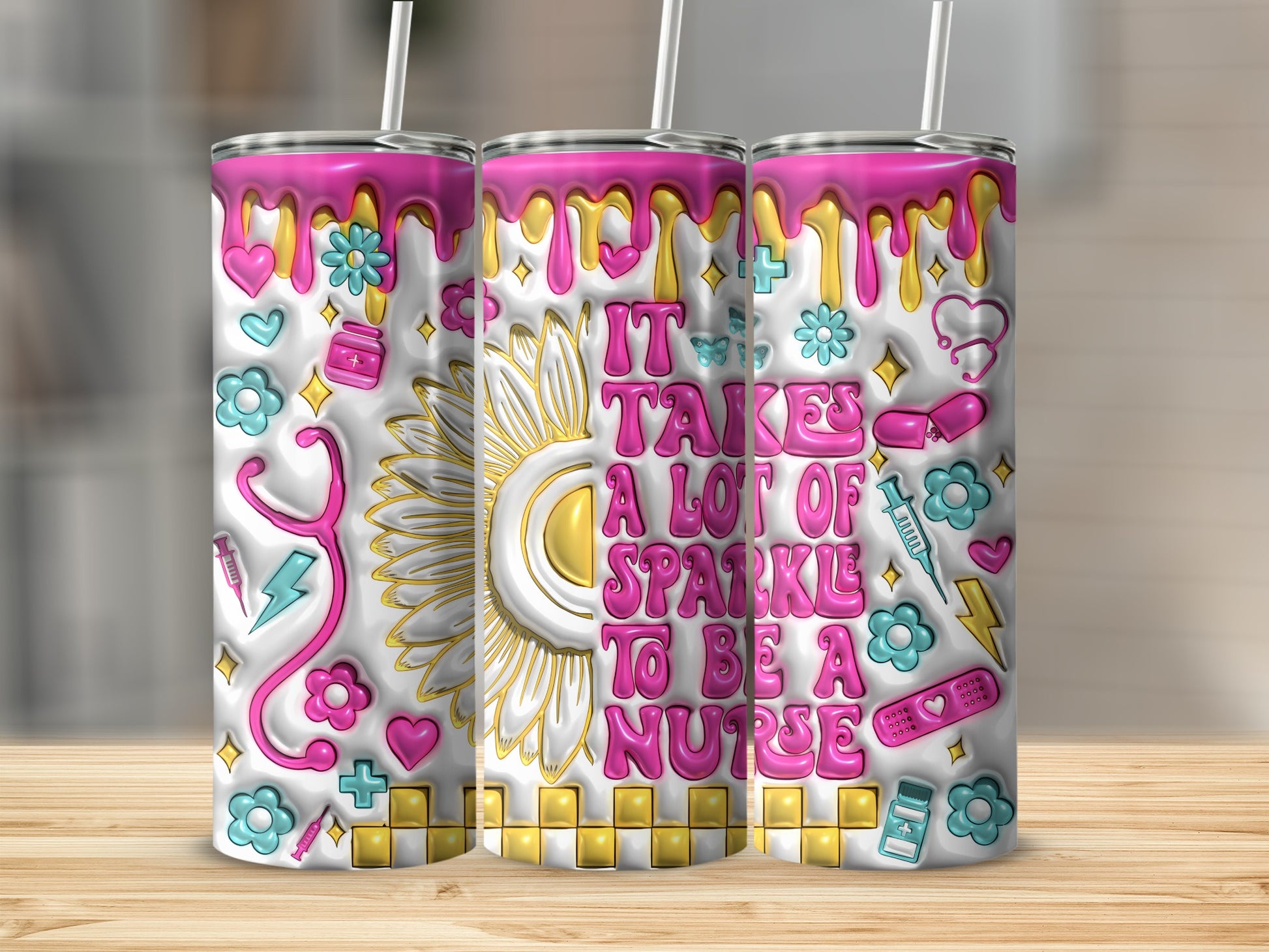Sunflower and medical icons with "It takes a lot of sparkle to be a nurse" text.