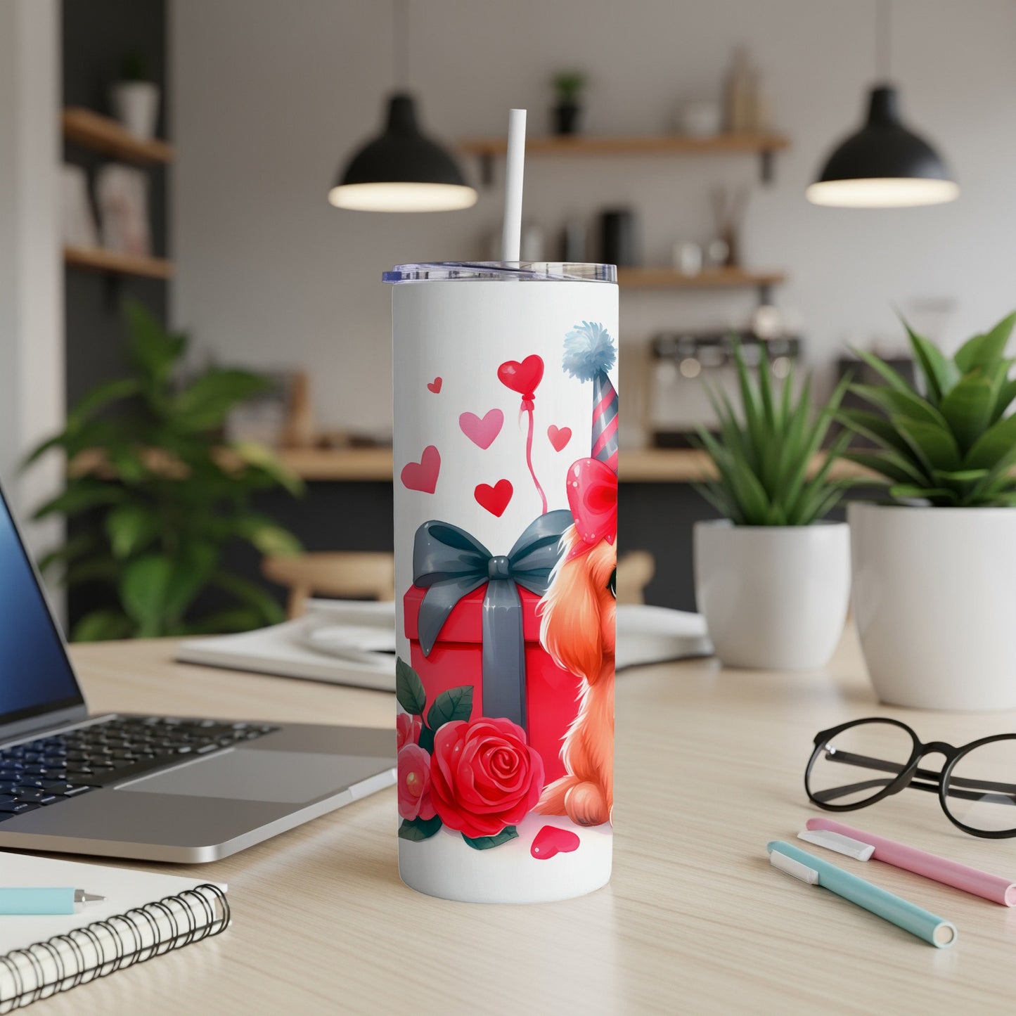 Red puppy with a birthday gift, rose, and hearts on a white tumbler.