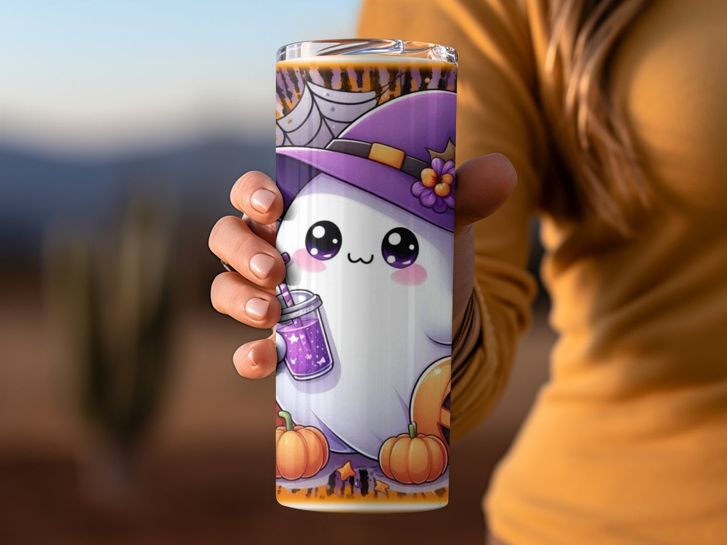 Cute Halloween Ghost Tumbler with Witch Hat Design