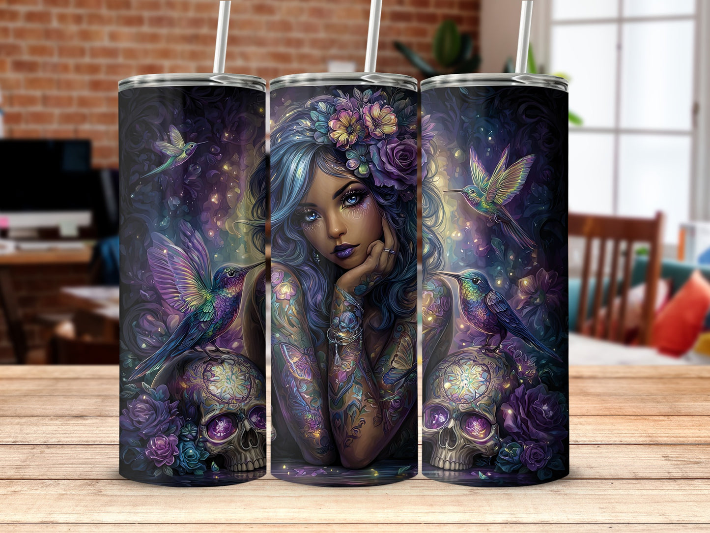 Enchanting Hummingbird and Skull Art Tumbler