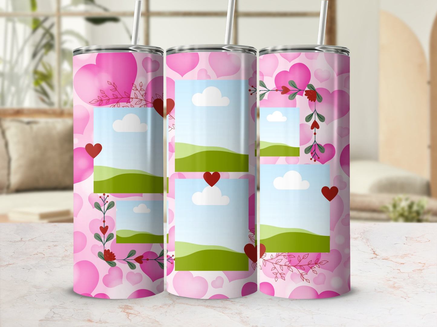 Three tumblers with a pink heart pattern and placeholders for images.