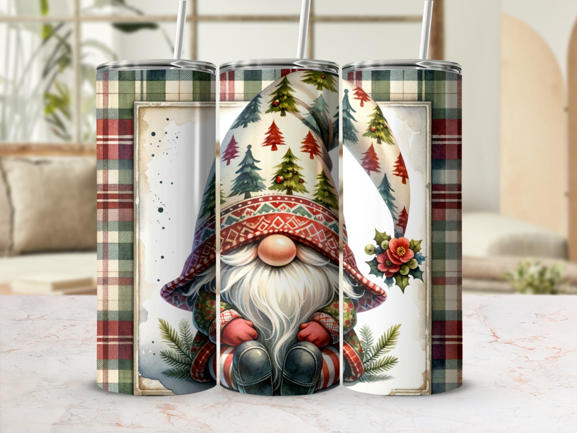 Tessellated gnome with Christmas trees on hat, plaid background.
