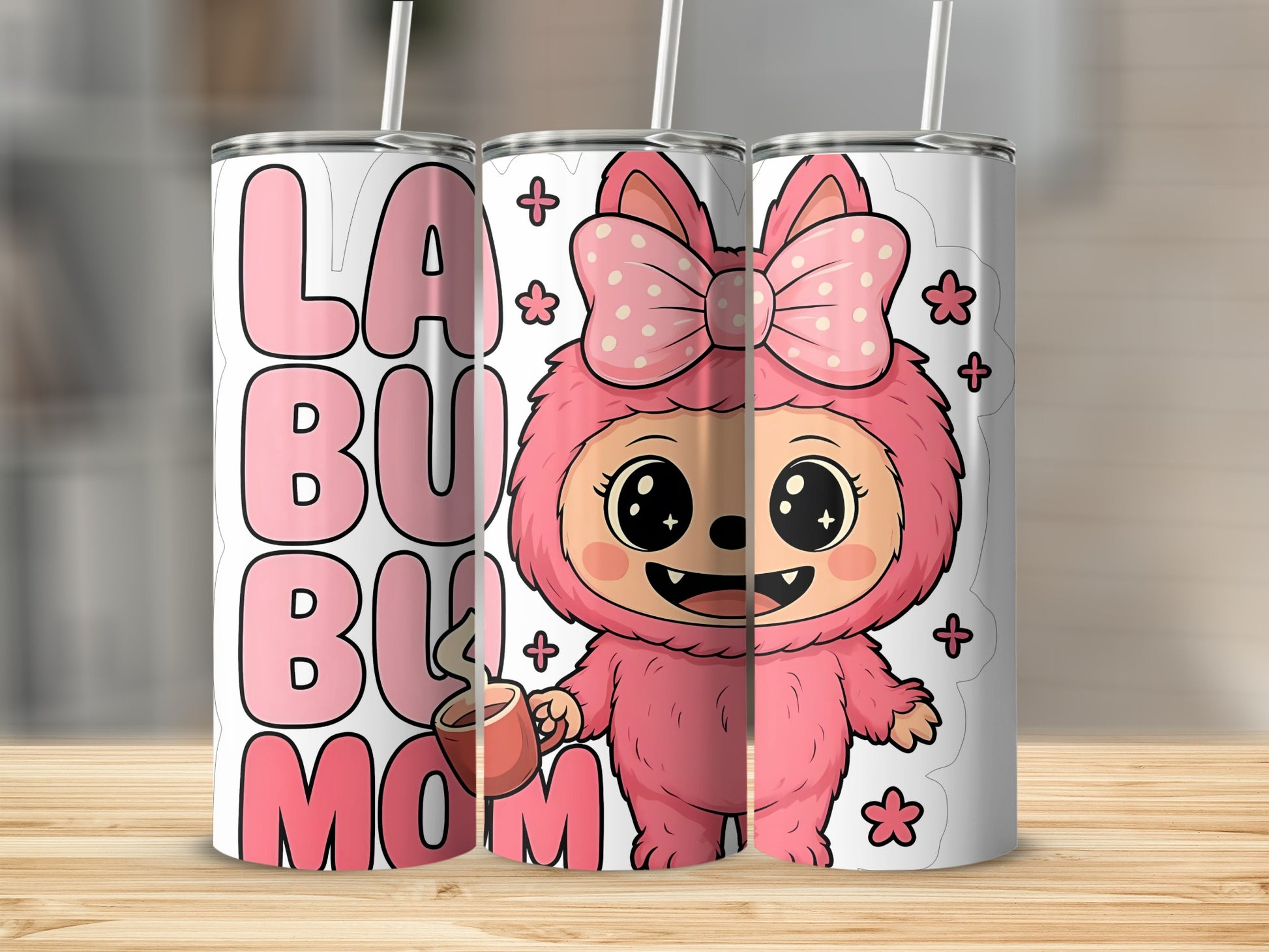 LA BU BU MOM Pink Furry Character and Text Tumbler
