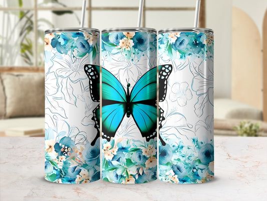 Three floral tumblers with turquoise butterflies and blue flowers.