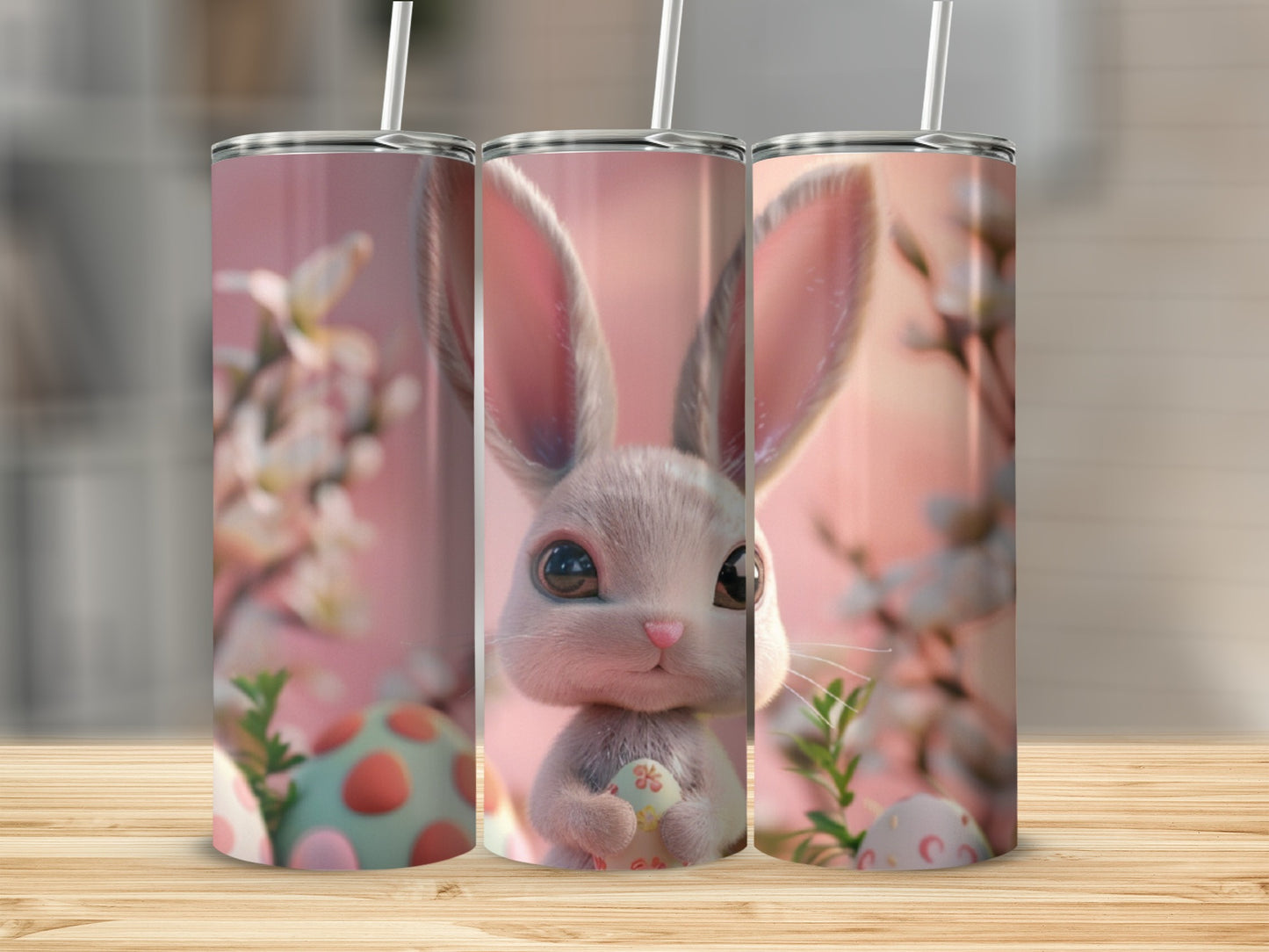 Easter bunny holding a speckled egg, surrounded by soft pink blossoms.