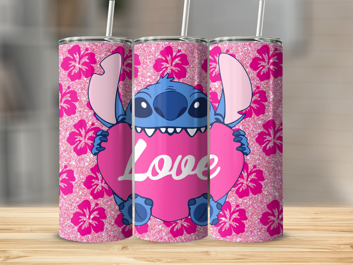 Cute Stitch Holding Love Heart Glitter Tumbler