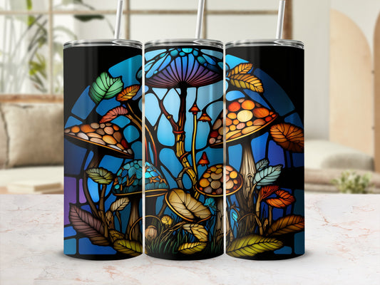 Tumbler featuring stained glass style mushrooms and leaves on a dark background.