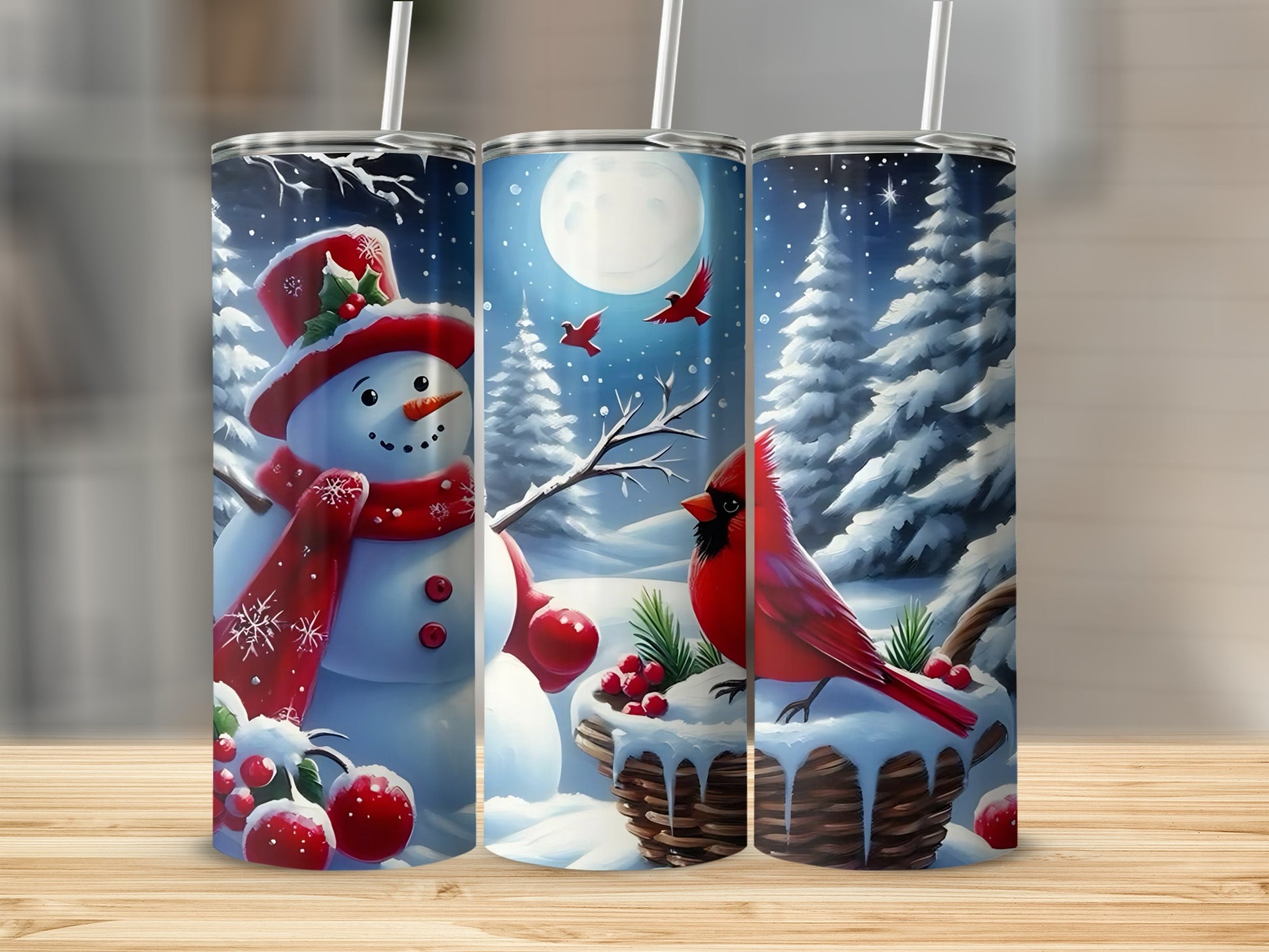 Festive Snowman and Cardinal Winter Scene Tumbler