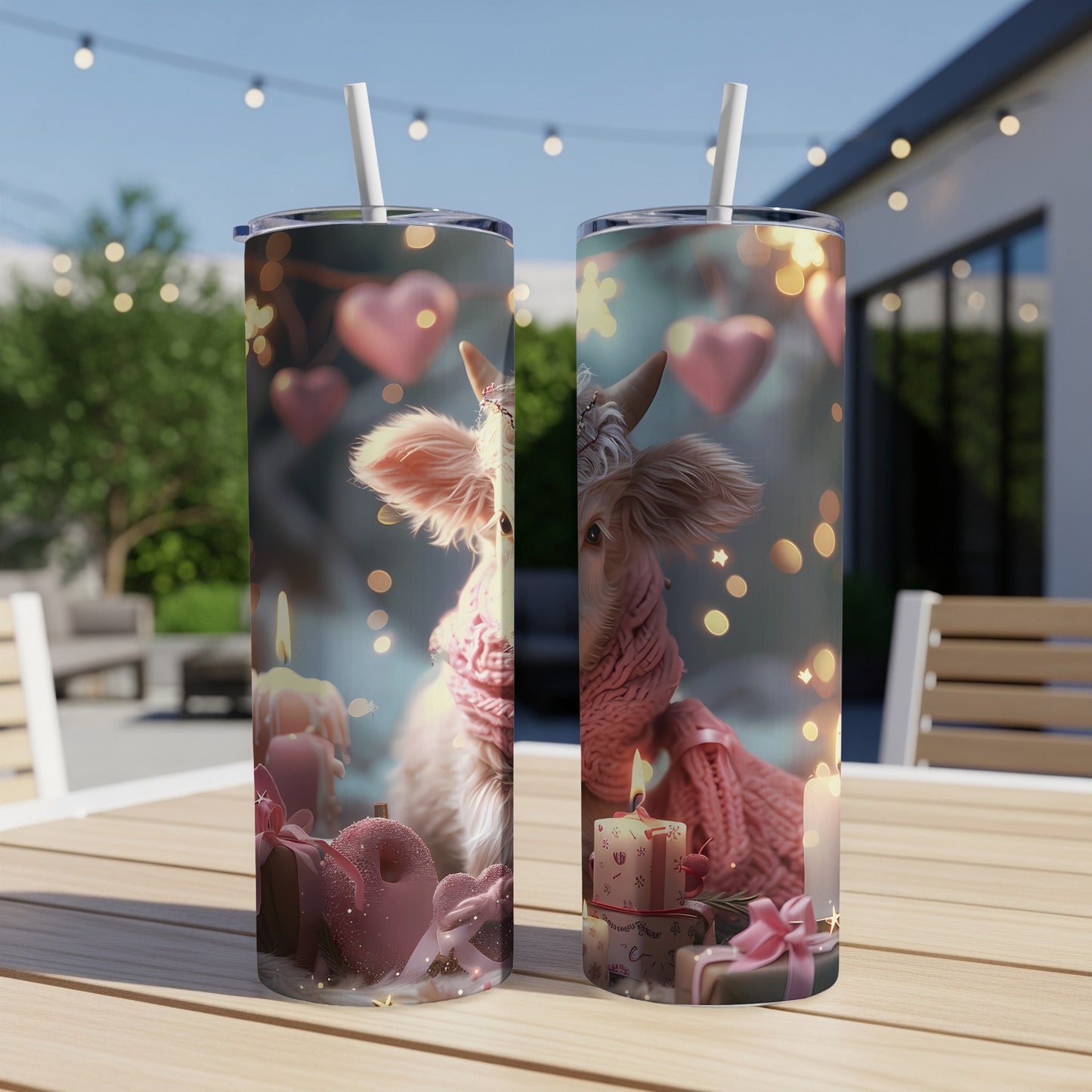 Cow with pink scarf and hearts, set on a table with gifts and candles.