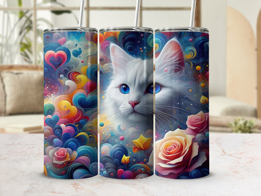 White cat with blue eyes on a colorful background with roses.