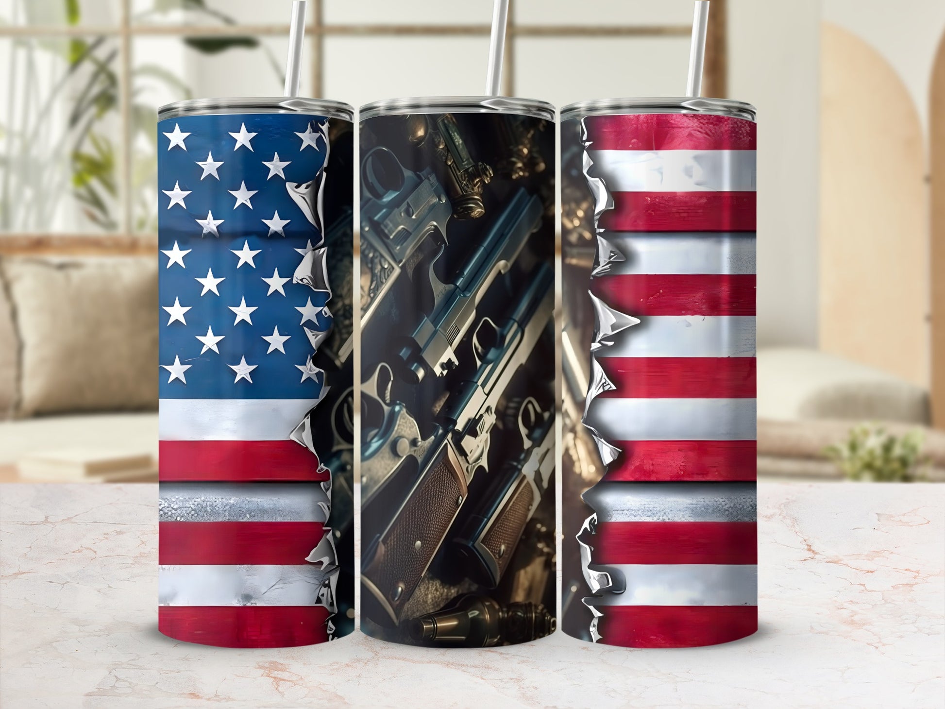 Tumbler featuring American flag design with firearms.