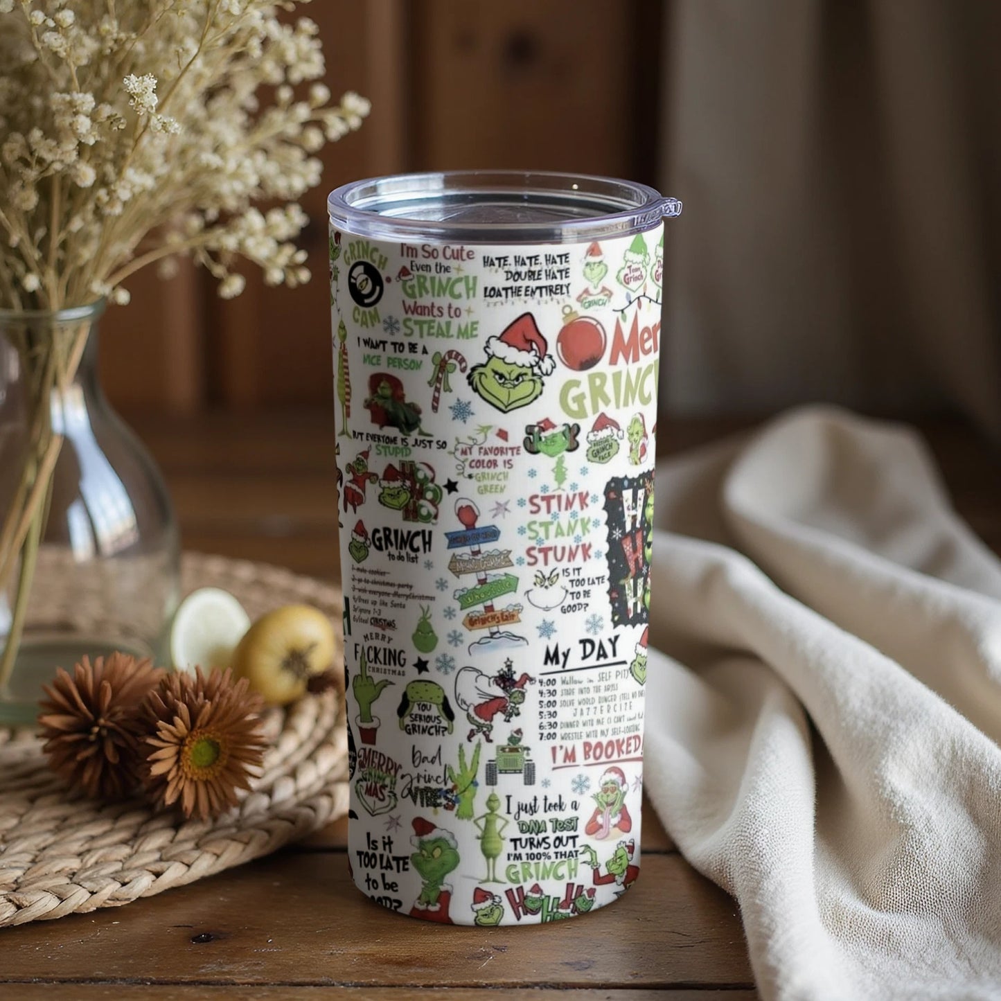 Funny Grinch Themed Travel Tumbler with Lid