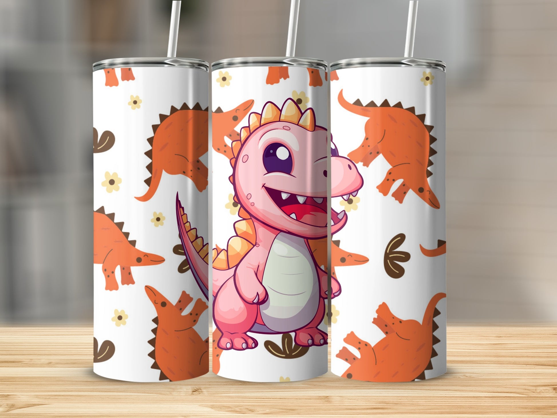 Cute Pink Dinosaur Tumbler with Orange Dinosaurs Design