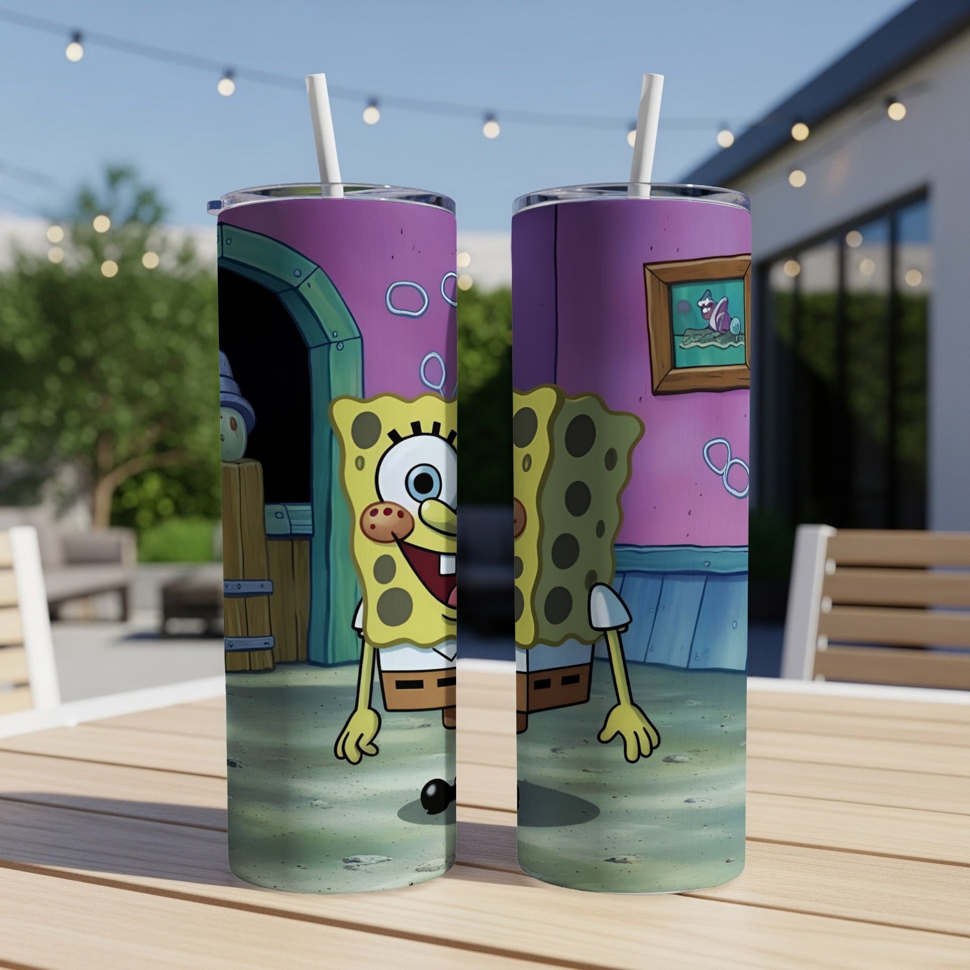 SpongeBob SquarePants tumbler with purple background and cartoon scene.