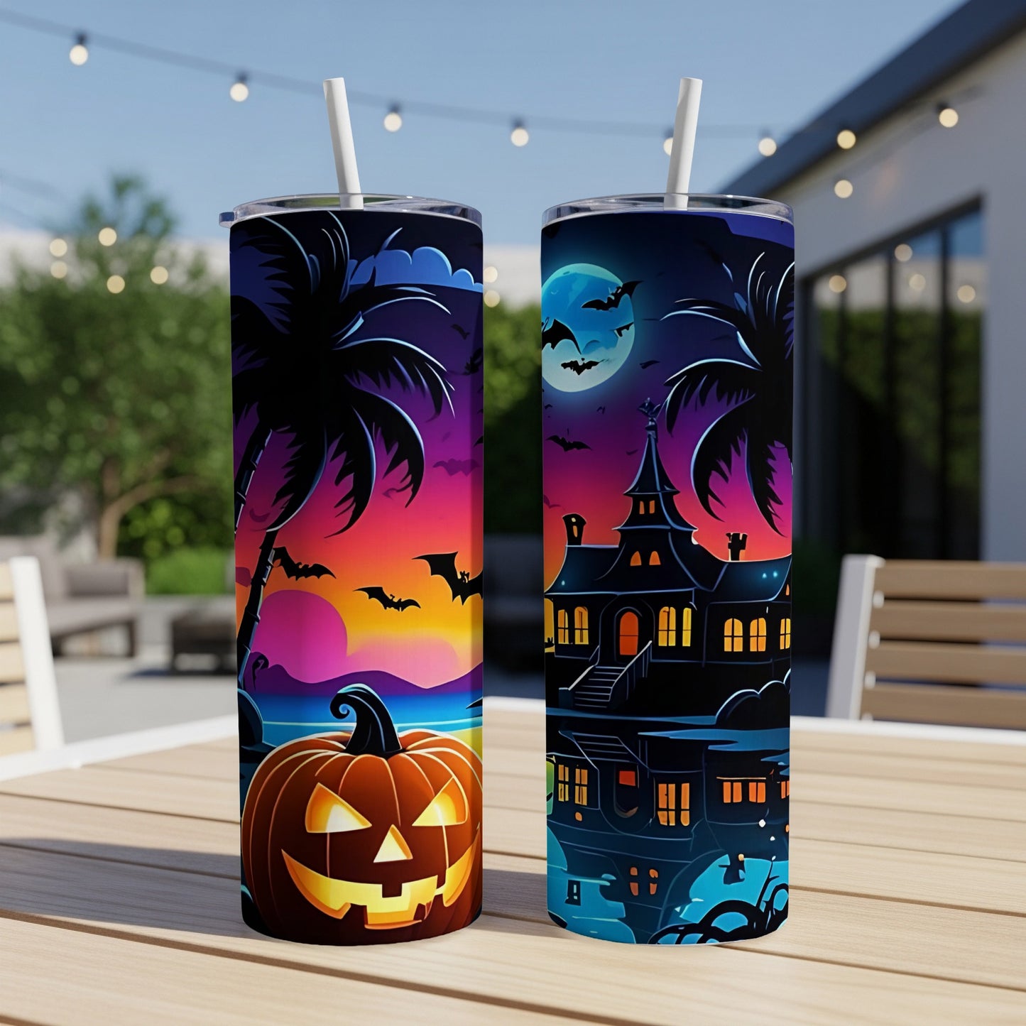Two tumblers with Halloween designs: a pumpkin on one and a haunted house on the other.