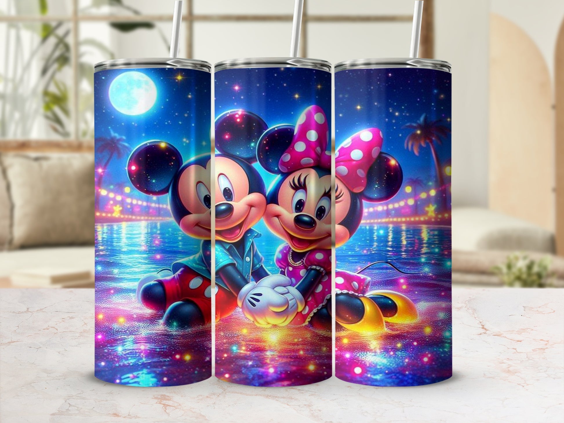 Colorful Mickey and Minnie Mouse Tumbler with Night Scene