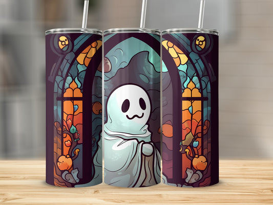 Ghost in stained glass design on three tumblers.