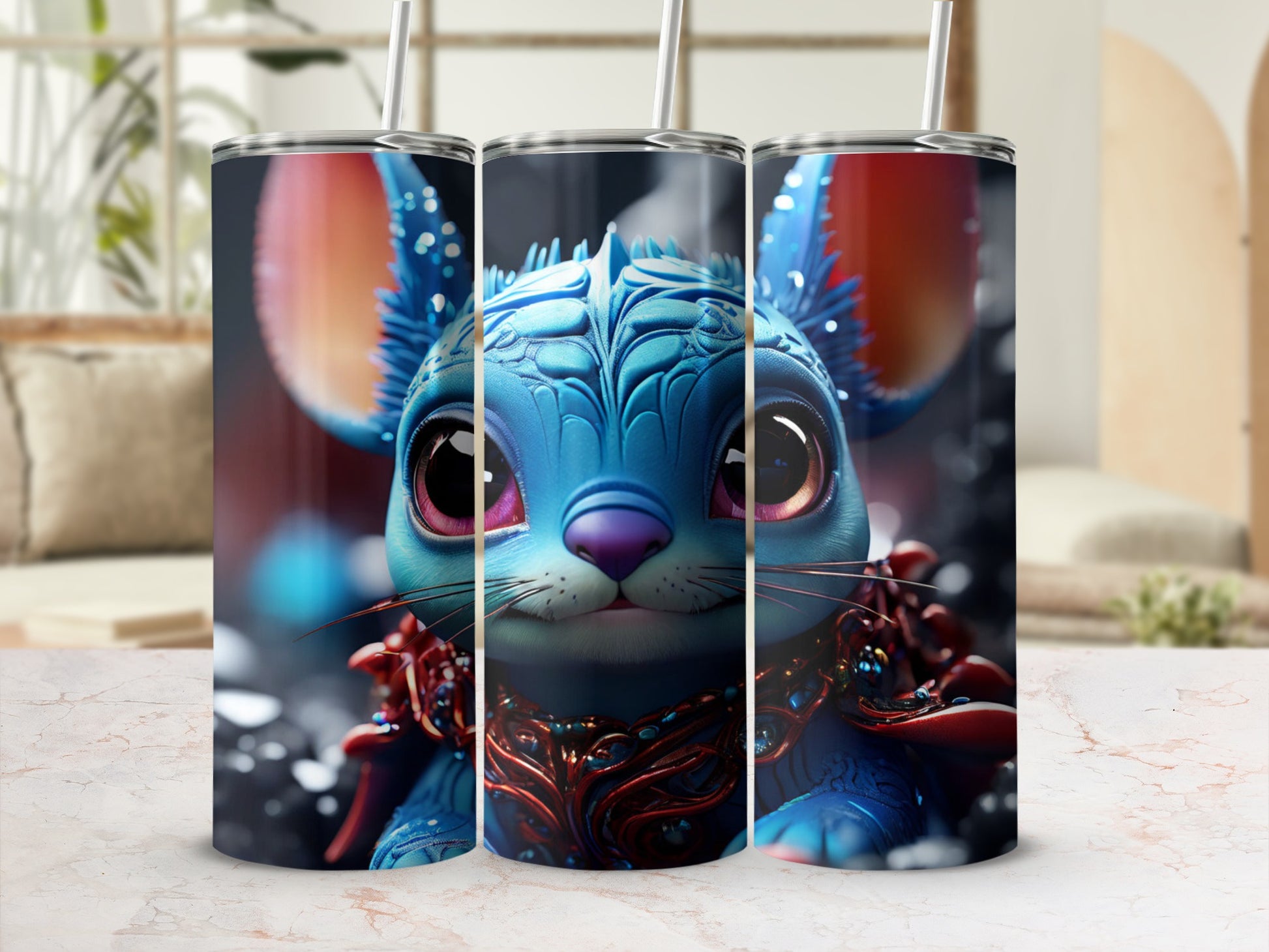 Blue cartoon mouse character with large eyes on a tumbler.
