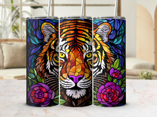 Stained glass tiger face with purple and pink roses on a tumbler.