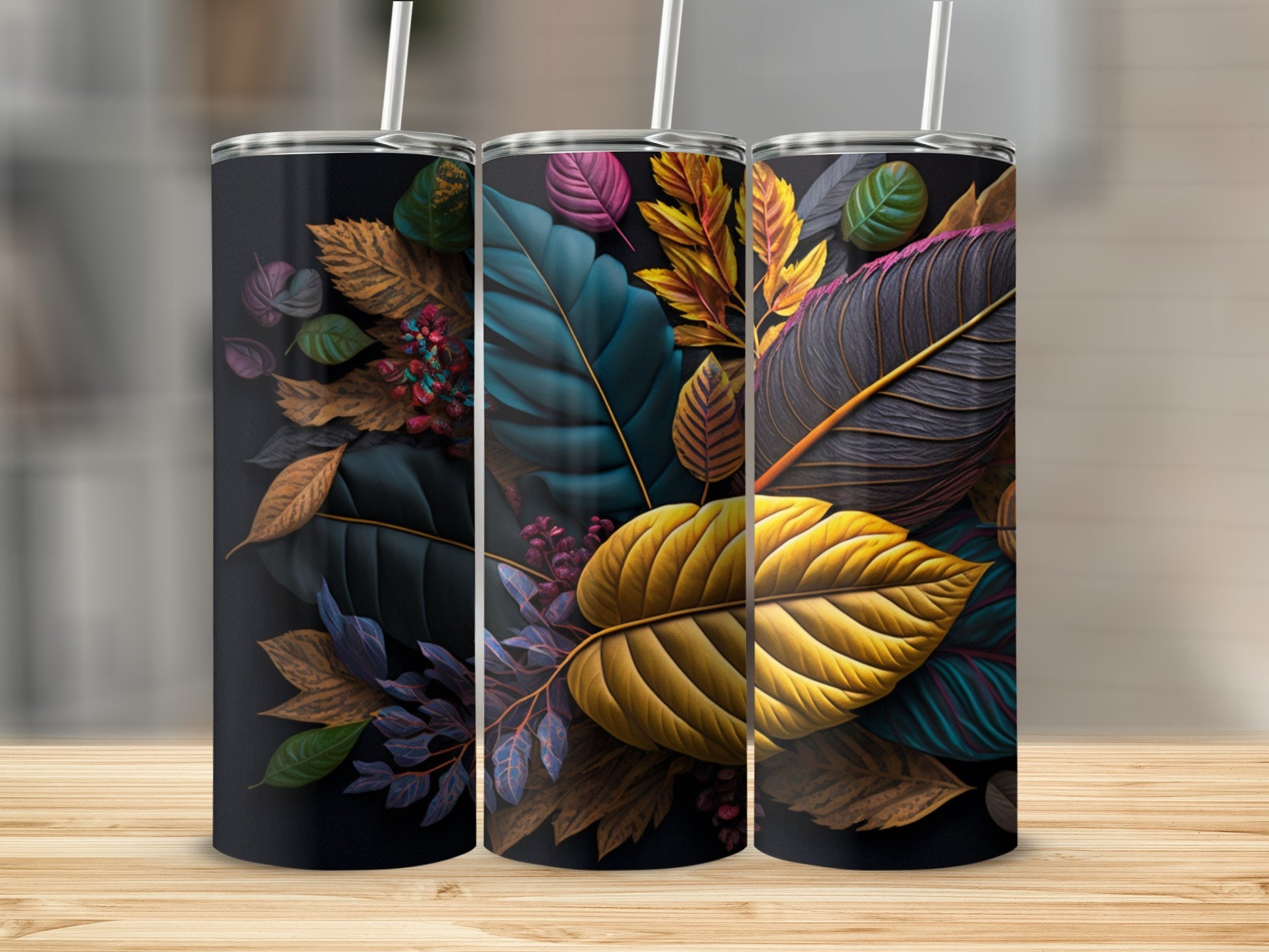 Colorful Leaf Patterned Stainless Steel Tumbler