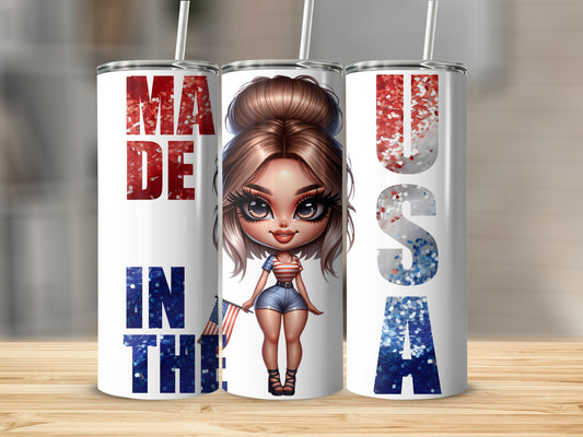 Tumbler with "Made in the USA" text and patriotic glitter accents.