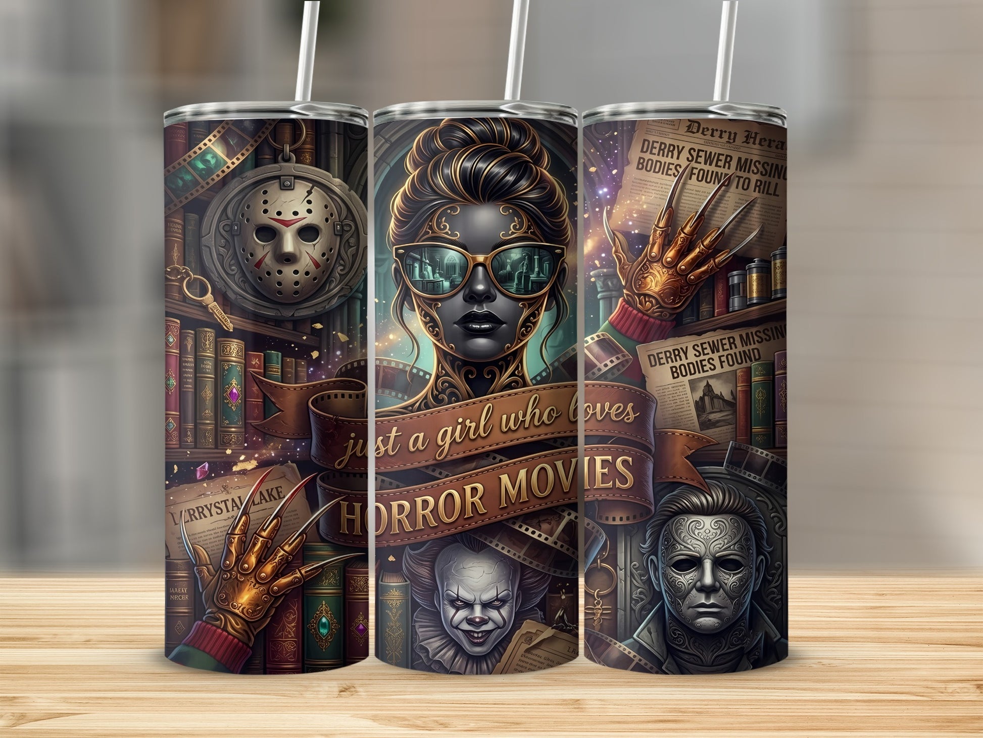 Tumbler art with horror movie icons, film strips, and the text "just a girl who loves HORROR MOVIES".