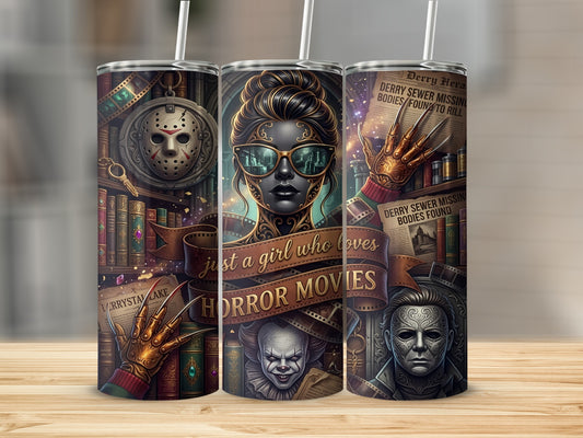 Tumbler art with horror movie icons, film strips, and the text "just a girl who loves HORROR MOVIES".