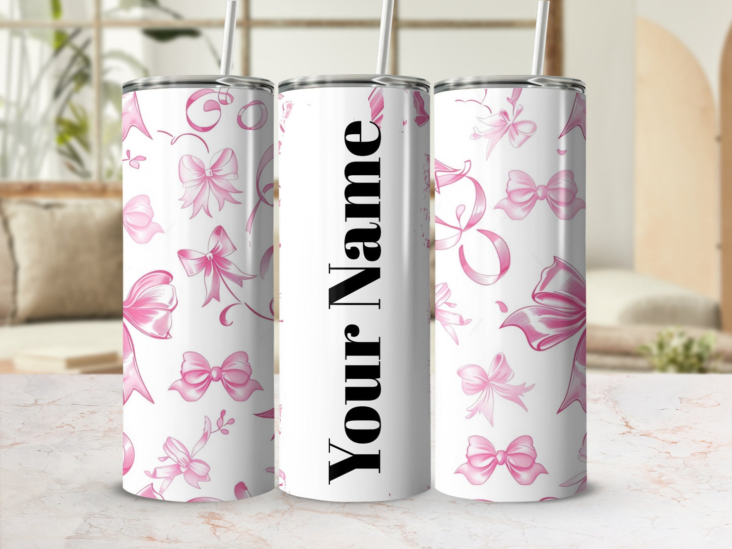 Pink Bow Design Personalized Tumbler with Custom Name