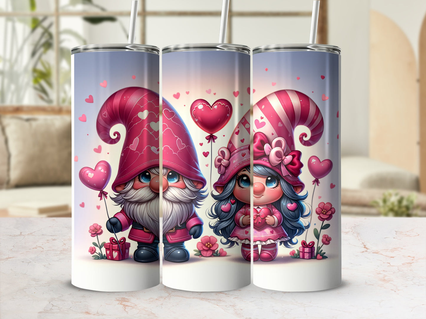 Two gnomes with pink hats and hearts, holding gifts.