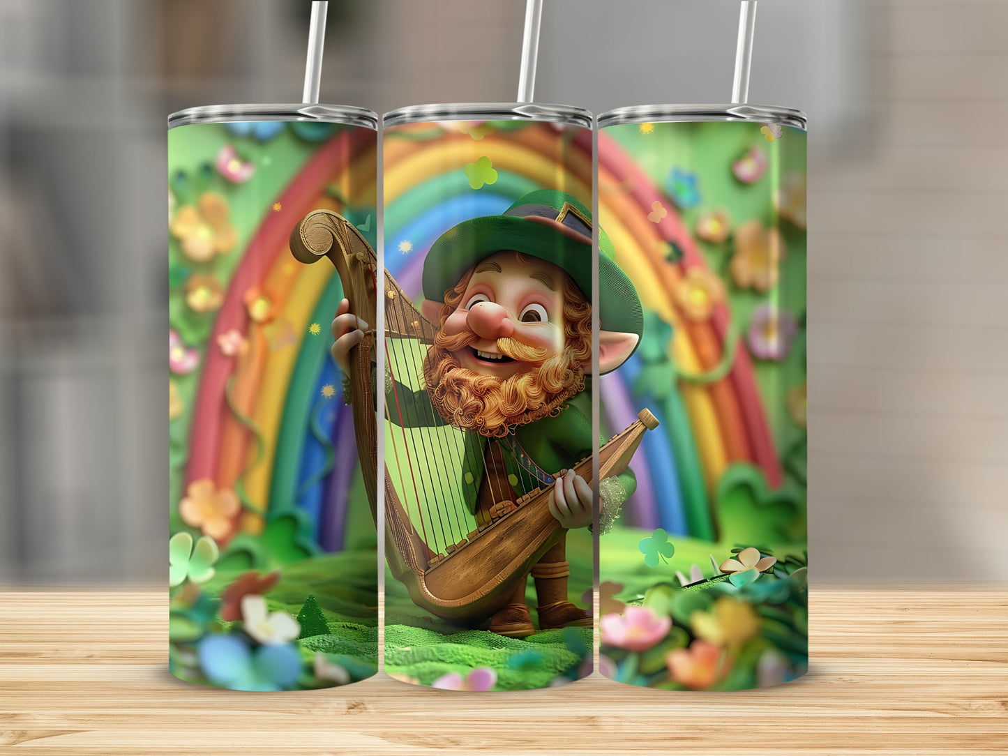 Leprechaun playing a harp in front of a rainbow.