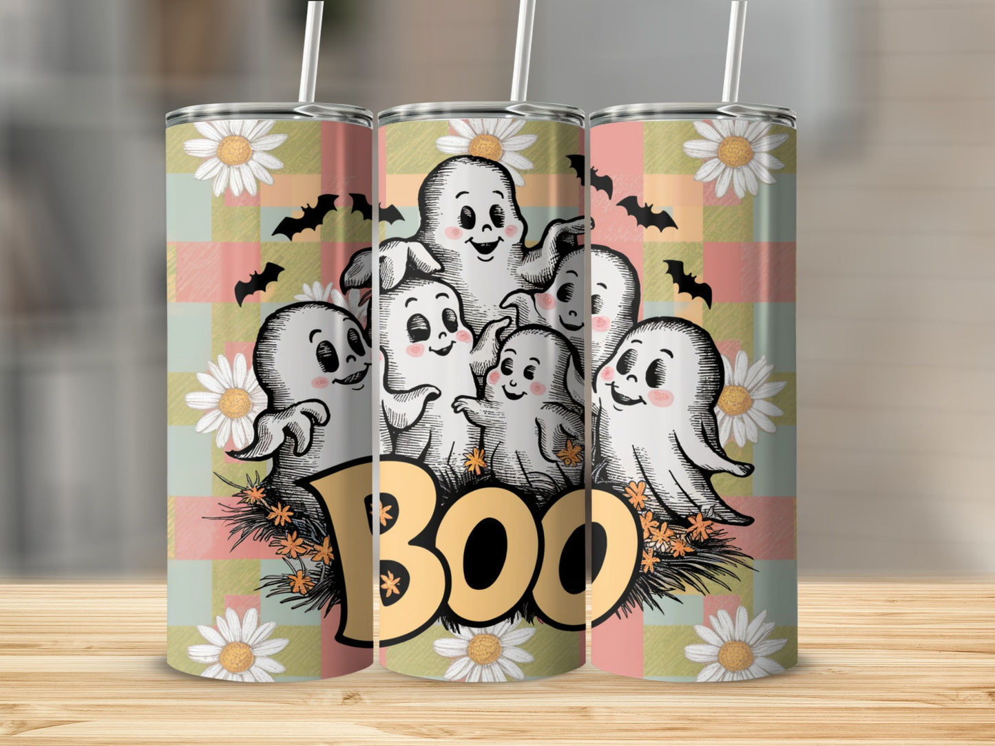 Several smiling cartoon ghosts with bats and daisies on a plaid background.