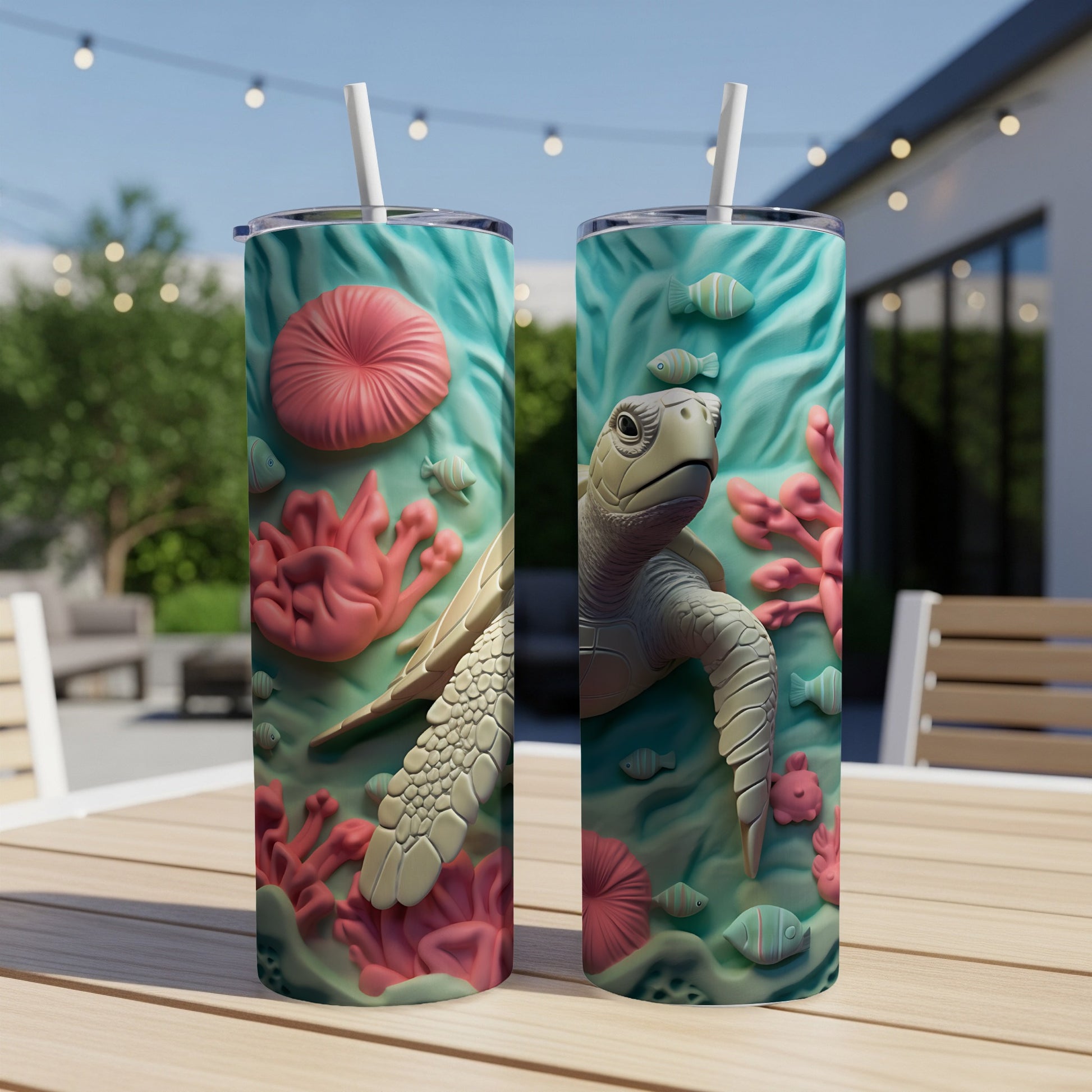 Two tumblers with a sea turtle, coral, and fish design sit on a wooden table.