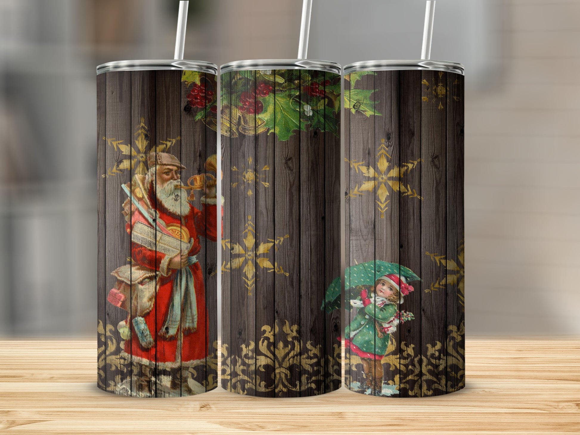 Vintage Santa and child with umbrella on wood grain tumbler.