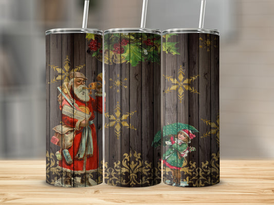 Vintage Santa and child with umbrella on wood grain tumbler.