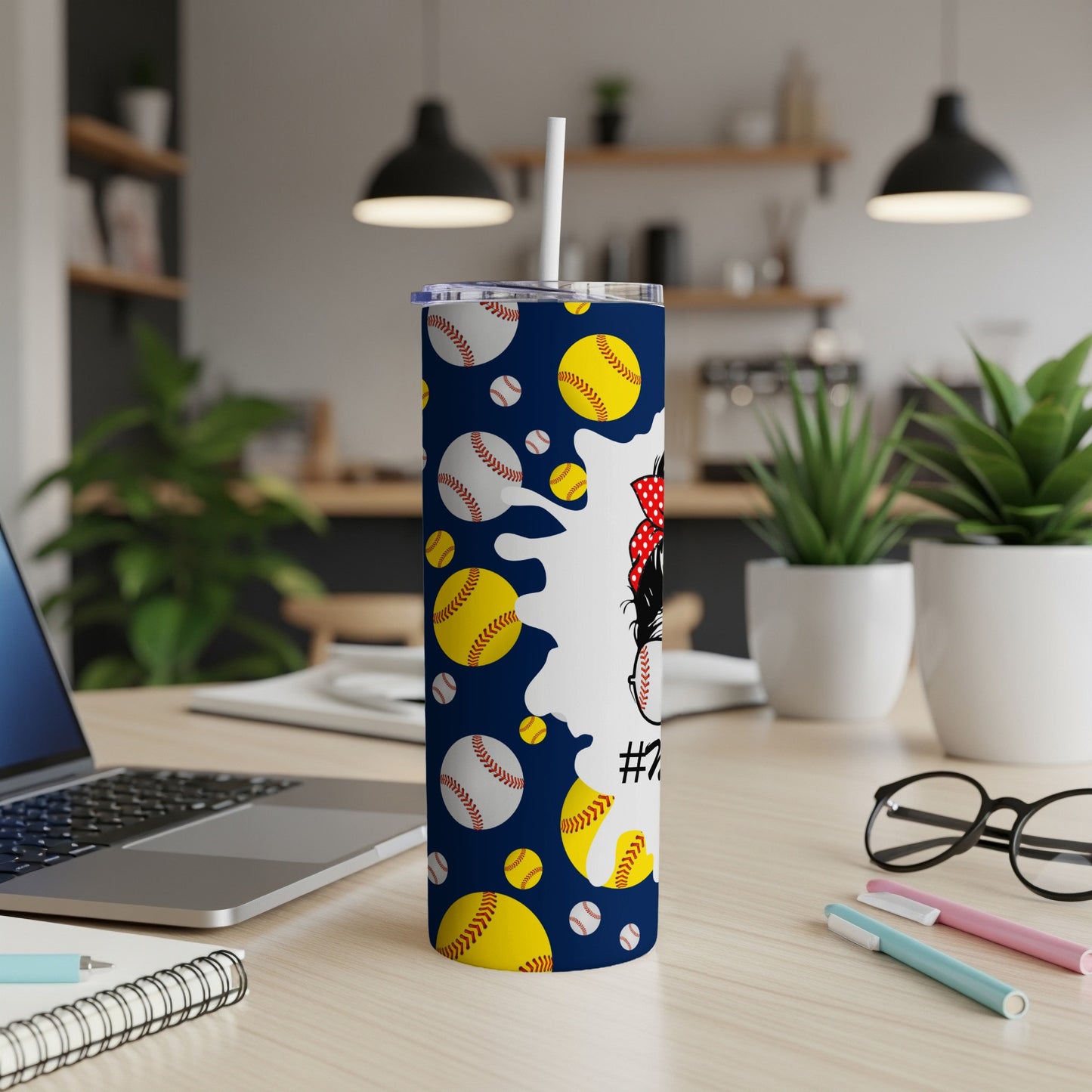 Tumbler with baseballs and bats pattern featuring Minnie Mouse.