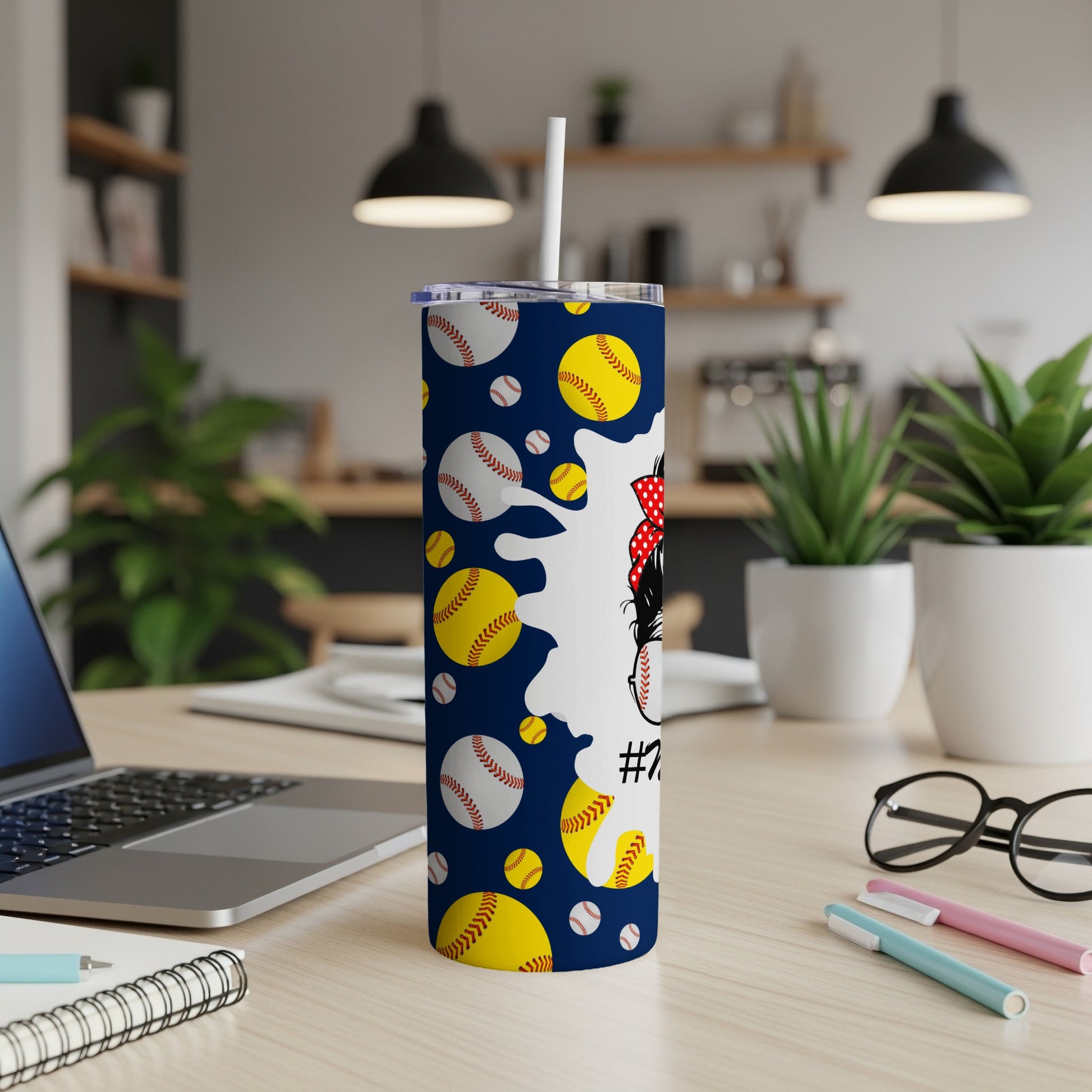 Tumbler with baseballs and bats pattern featuring Minnie Mouse.