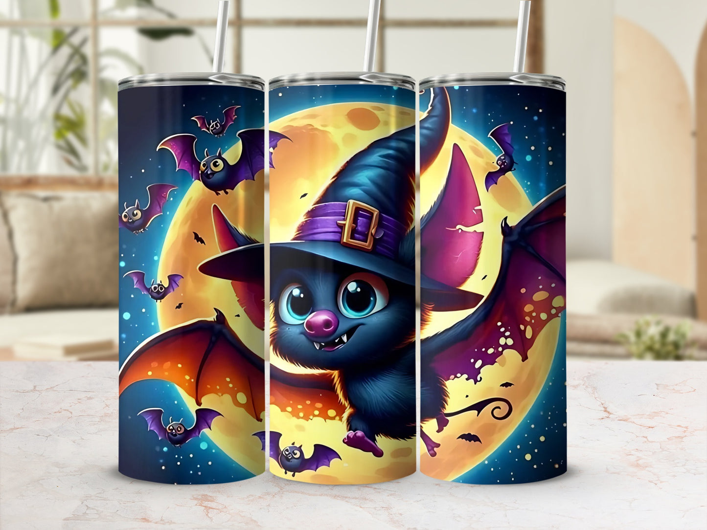 Three tumblers with cartoon bats wearing witch hats against a full moon.