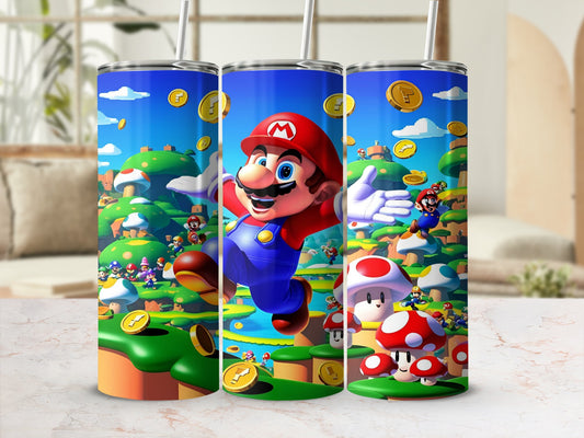 Mario running through a Mushroom Kingdom landscape with coins and Goombas.