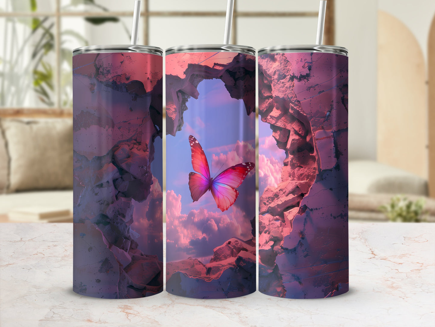 Pink butterfly flies through cracked rock opening at sunset.
