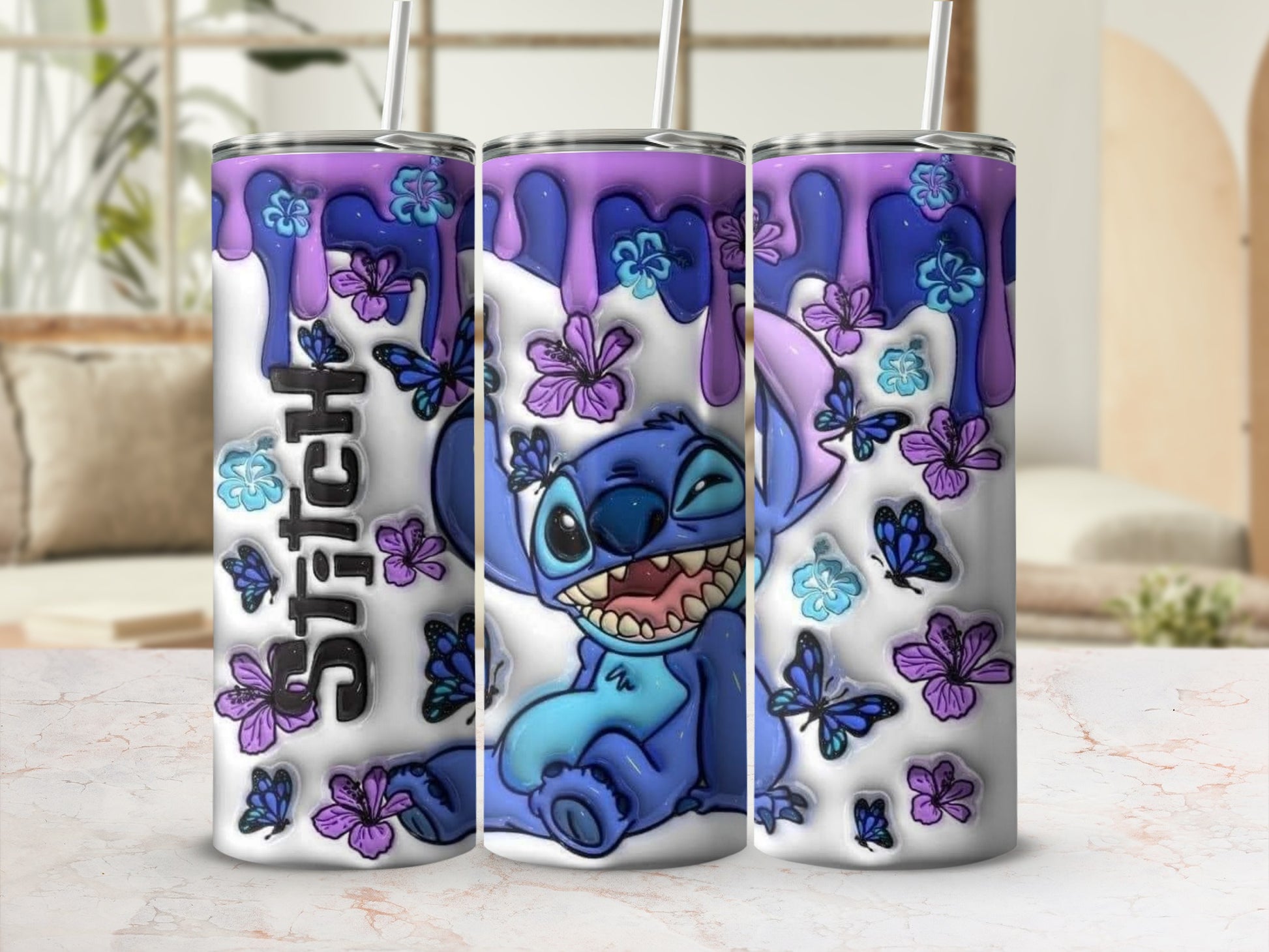 Stitch Cute Cartoon Character Tumbler with Flowers