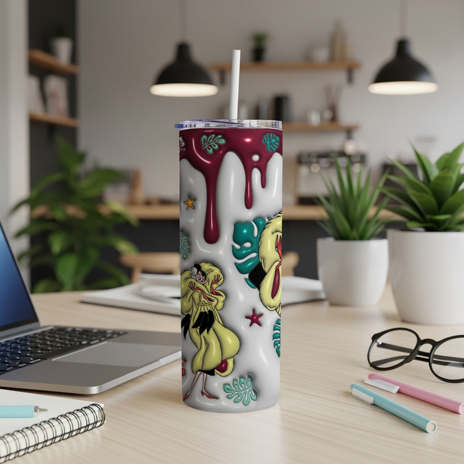 White tumbler with cartoon characters, dripping red paint, and a straw.