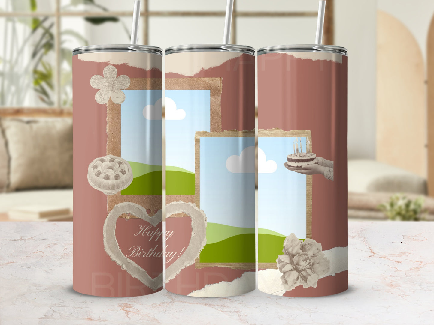 Collage of three tumblers featuring floral designs, a cake, and "Happy Birthday!" text.