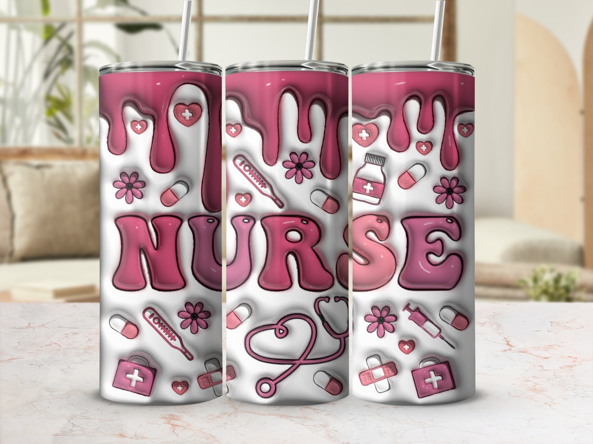 Pink "Nurse" tumbler with medical icons and dripping pink liquid.