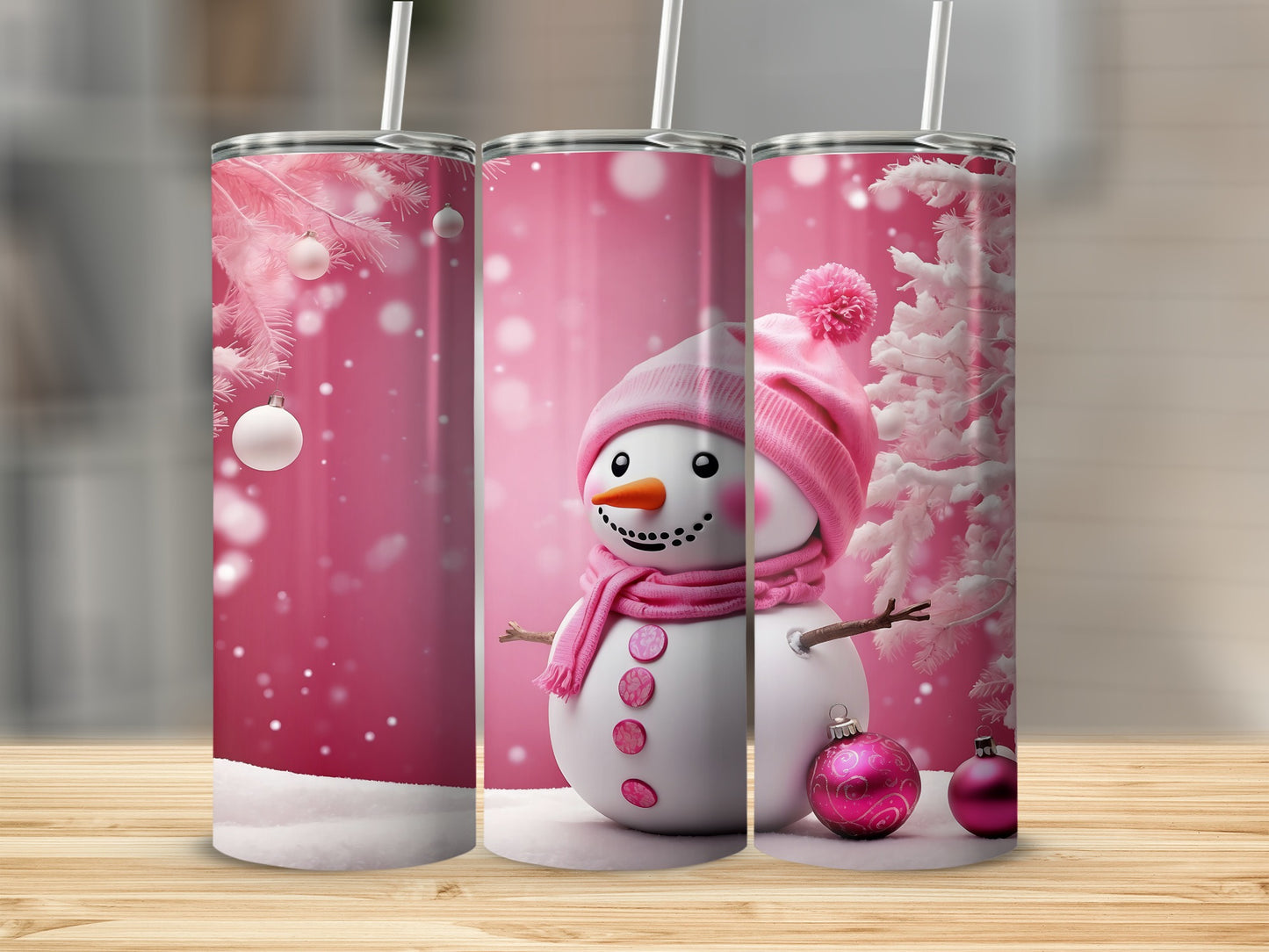 Pink Festive Snowman and Ornaments Winter Tumbler