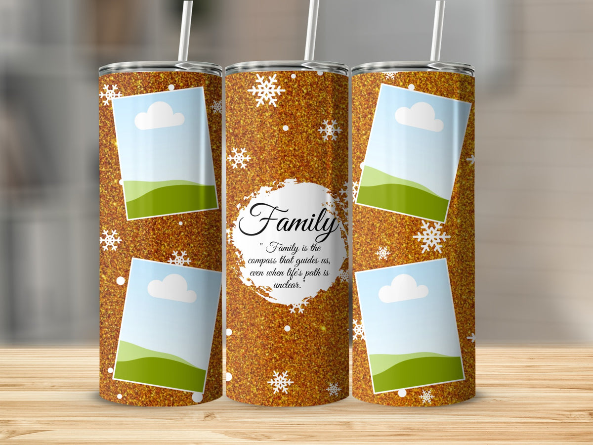 Three tumblers with glitter texture, snowflakes, and photos of clouds and hills.