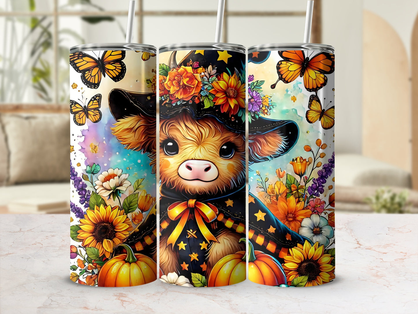 Cute Fall Themed Animal and Flowers Tumbler Cup