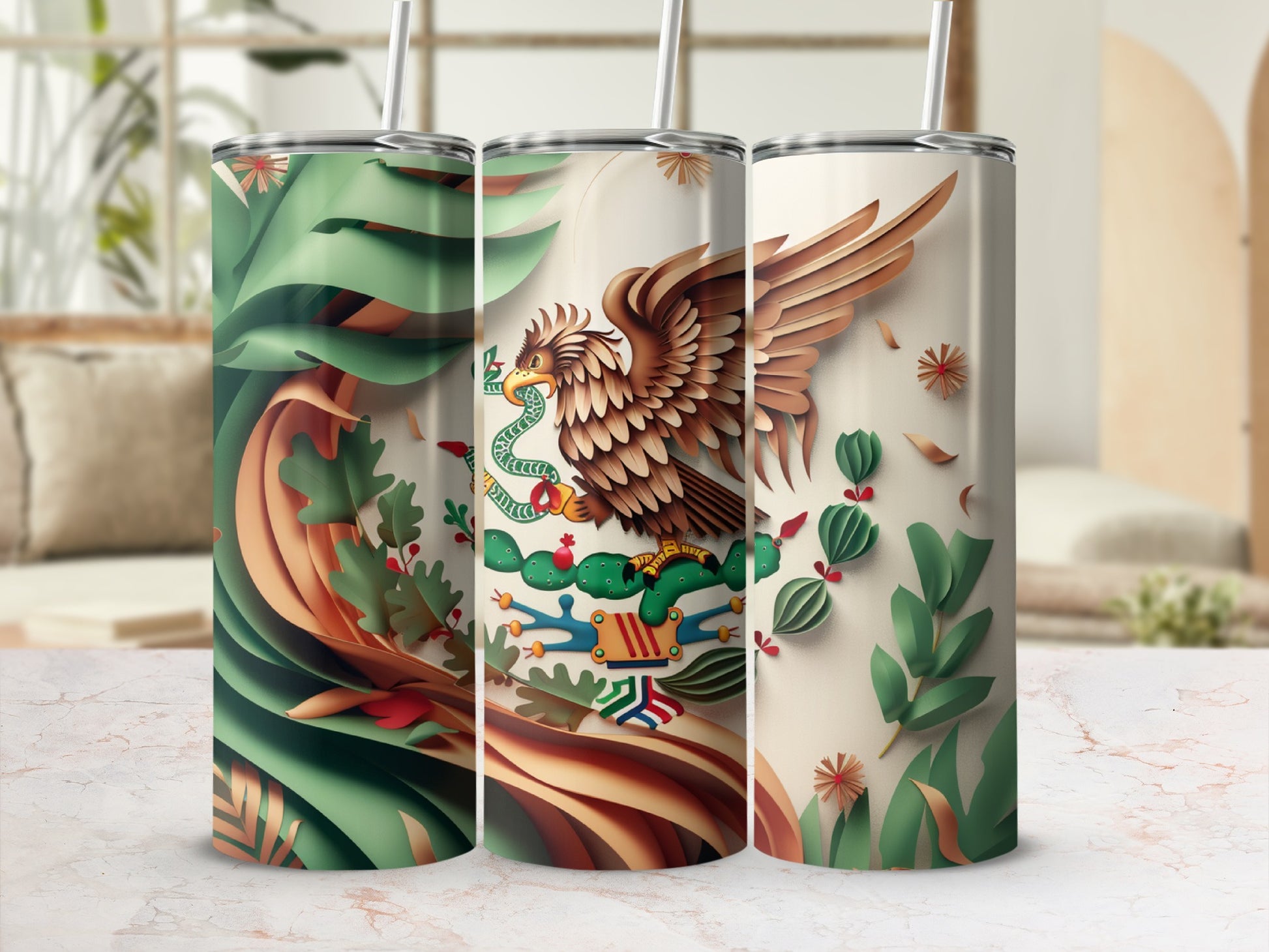 Three tumblers with Mexican flag eagle design and lush green leaves.