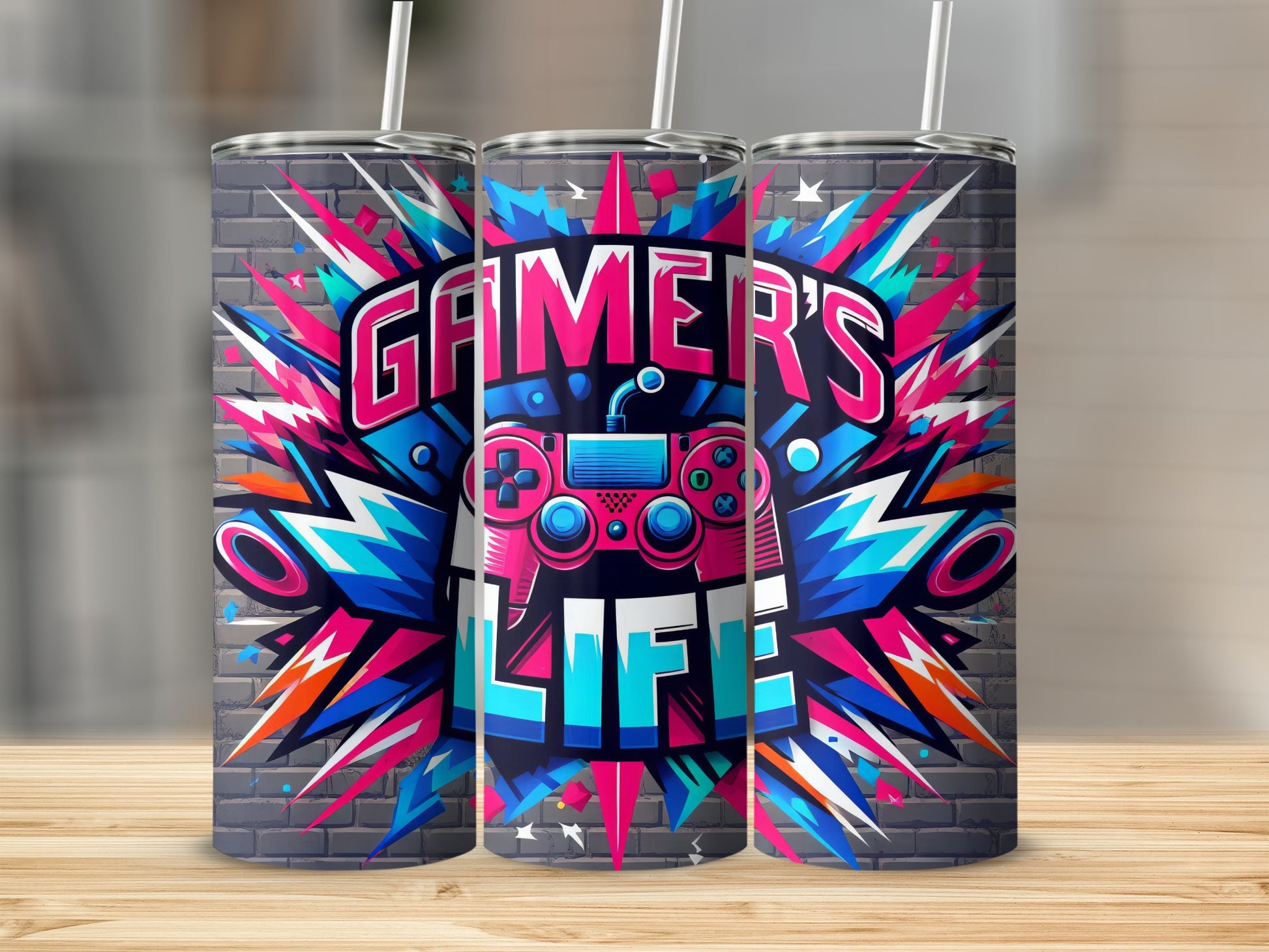 Three tumblers with "Gamer's Life" text and gaming controller graphic.